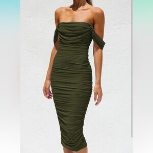 Amazon rouched army green dress! Size: L! Never worn